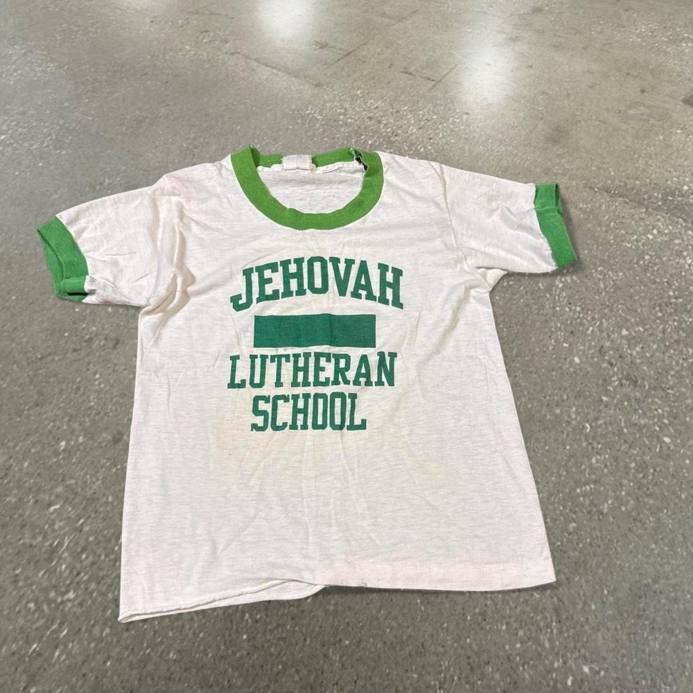 Vintage 70s 80s Jehovah Lutheran School White Green Ringer Shirt Kids Large